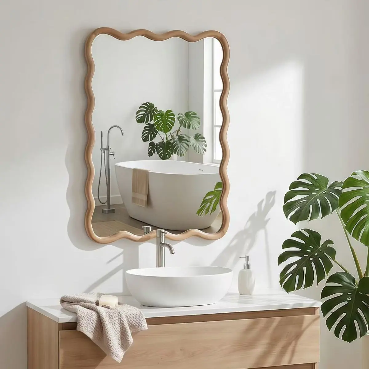 Elegant Natural Wood Color 20"x30" Wavy Rectangle Solid Wood Frame Float Glass Vanity Mirror with Sharp Reflection, for Bedroom, Living Room