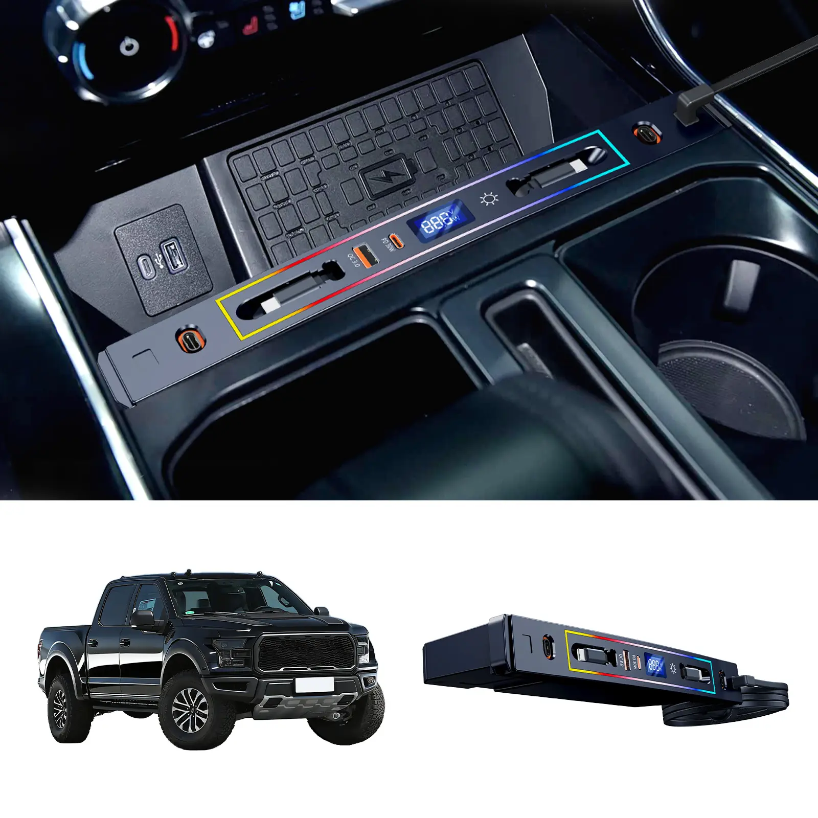 Oatsbasf Raptor-Fit 4-Port Retractable USB Powered Car Charger Hub with RGB Light for Ford F-150 - Fast Charging Solution, QC3.0 18W Boost, Center Console Adapter, Car Gadgets, F150 Accessories, Usb Car Adapter, Usb-A