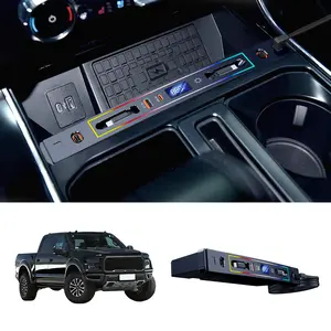 Oatsbasf 4-Port Retractable Car Charger Hub with RGB Light for Ford F-150 Raptor - F150 Accessories, Center Console Fast Charging Adapter / Cargador rápido 4 puertos para Ford F-150.