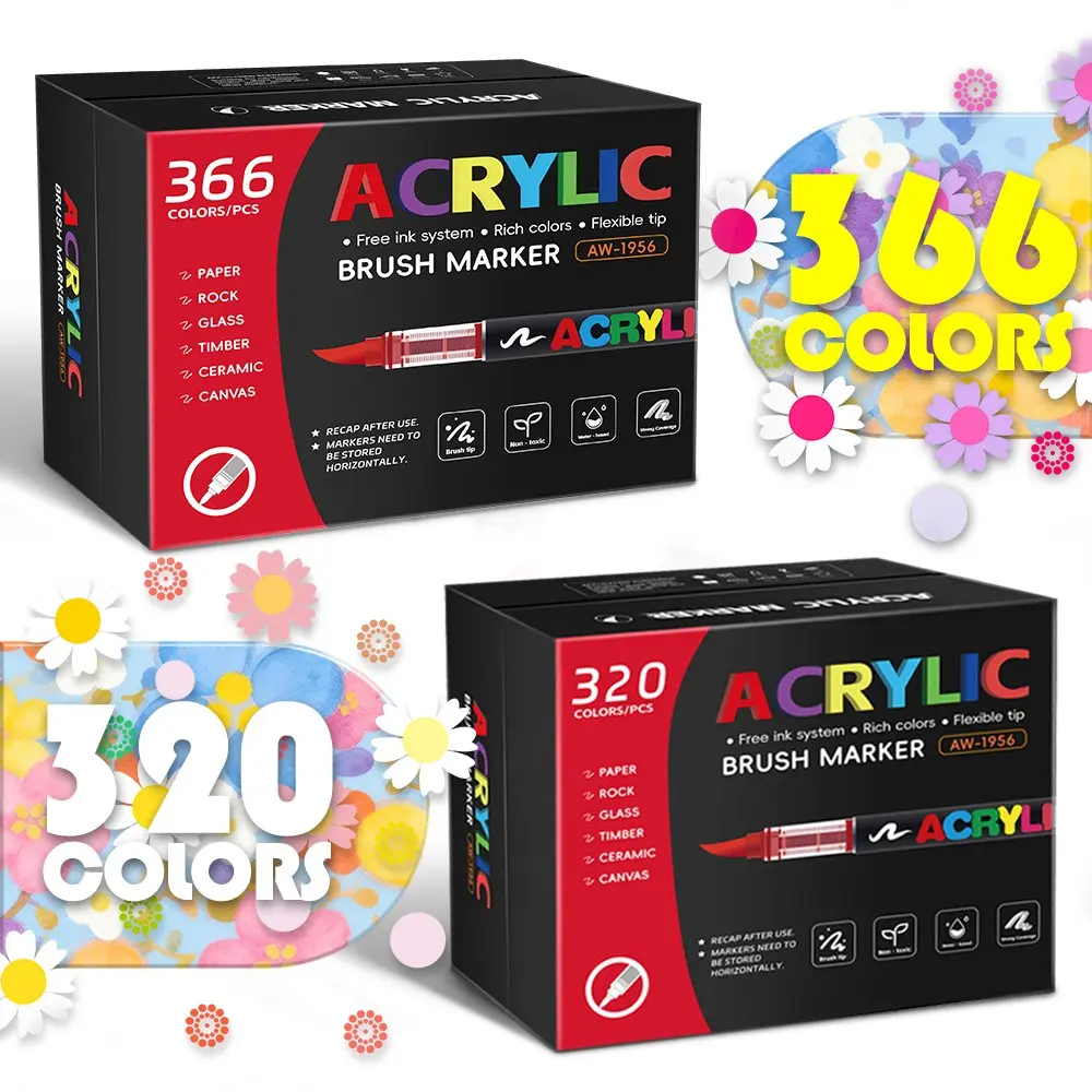 Professional Acrylic Paint Marker Set, 320/366 Colors Liquid Ink Control, Crafts Art Supplies, Acrylic Markers Set, Painting Pen, Ideal for Rock Painting Canvas Glass Plastic Fabric Crafts Gift, Versatile Use