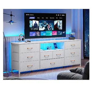 Furologee 9 Drawers Chest of Drawers White Dresser TV Stand with Charging Station LED Lights Media Console for 75 Inch TV 63 Inch Bedroom Storage Unit Bin