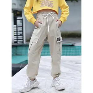 Girls' Cotton Cargo Jogger Pants - Drawstring Elastic Waist, Pockets, Outdoor Casual Bottoms for 7-13 Years Old Clothes