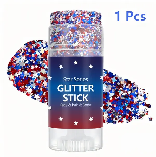 Red White Blue Star Glitter Stick, Body Face Hair Shimmer Gel Stick, Portable Sparkle Makeup for Party & Daily Use, 1 Pack