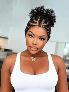 Cornrow Braided Wigs, Synthetic Full Lace Braids Wig with Baby Hair, Short Afro Curly Knotless Braided Lace Wig for Women, Synthetic Material Wigs