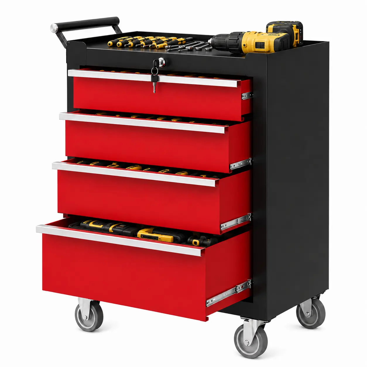 Heavy-Duty 5-Drawer Rolling Tool Chest with Safety Lock & Swivel Wheels, 300LBS Capacity Metal Steel Storage Cabinet Box Organizer Cart for Garage Workshop Warehouse Mechanics, Quiet Smooth Sliding Drawers Versatile Mobile Workstation Setup