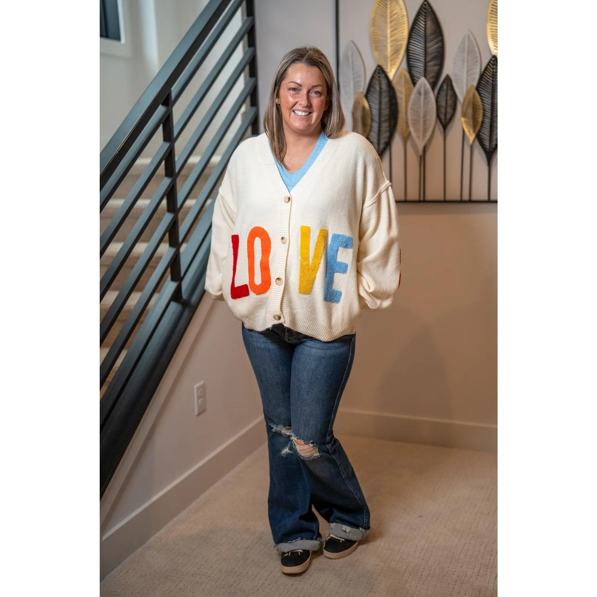 Mello “LOVE” Heart Patchwork V-Neck Cardigan