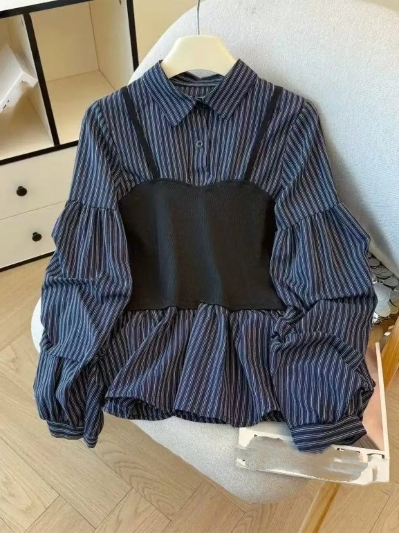 Women's Colorblock Patchwork Two-Piece Shirt Blouse, Womenswear Spring Korean Fashion Casual Style Striped Design, Waist Cinching Slim Fit Fitted Long Sleeve Top Blouses Shirts Tops