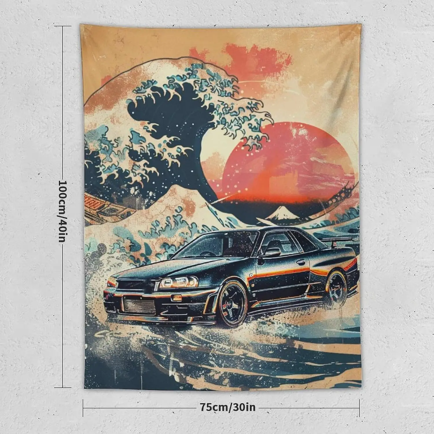 Car Wall Tapestry for Bedroom Traditional Japanese Print Great Waves Sunset Jdm Car R34 Tapestry for Room Living Room Wall Decor Large Wall Art Tapestries