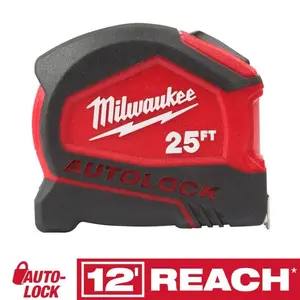 Compact Auto Lock 25 ft SAE Tape Measure with Fractional Scale and 9 ft Standout, Compact Design for Versatile Use