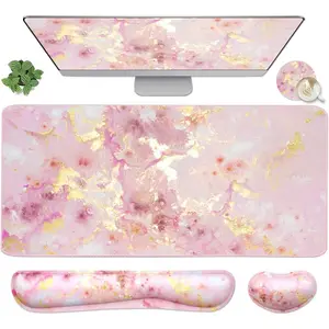 4-in-1 Large Gaming Mouse Pad, Keyboard Wrist Rest Pad & Wrist Support Mousepad Set, Extended Desk Pad  Desk Mat for Home Office Study Game-Pink  Marble