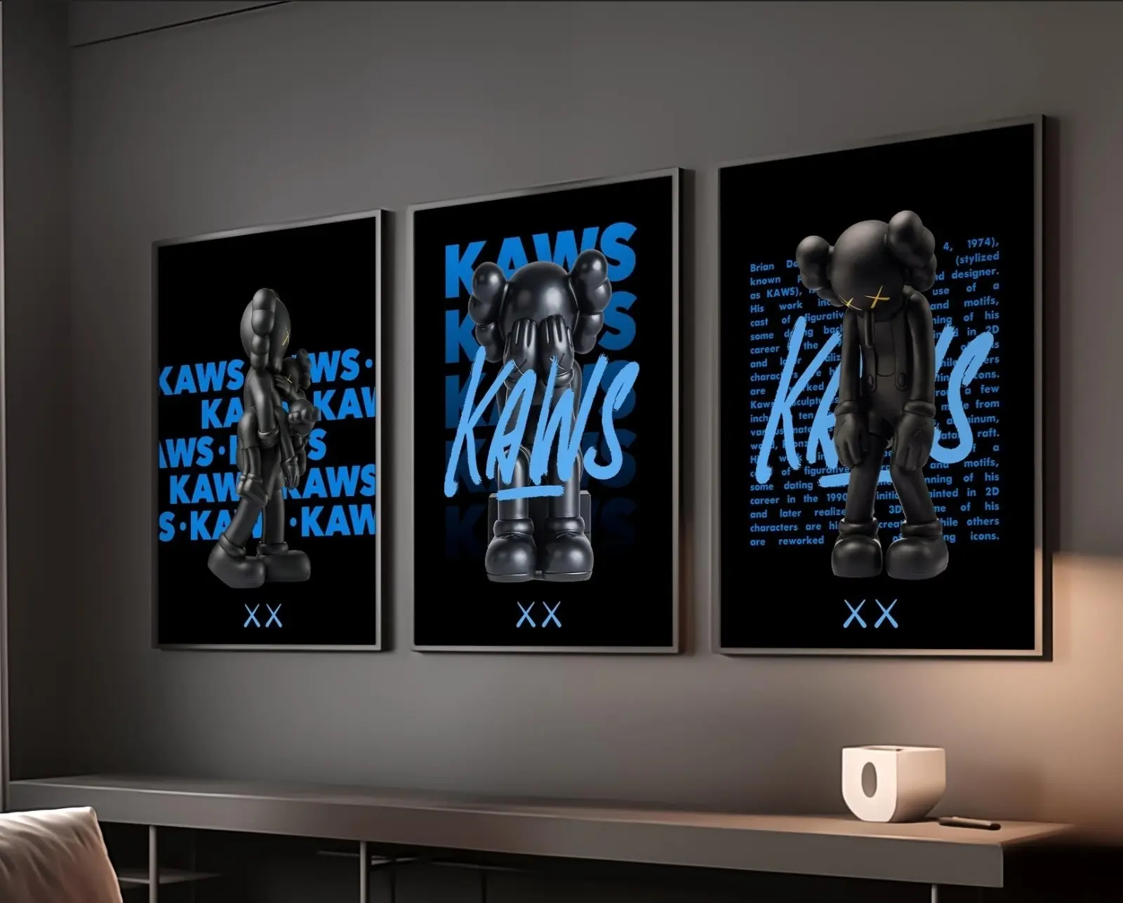Set of 3 Black And Blue Kaws Art pieces wall home decor Portrait Gallery