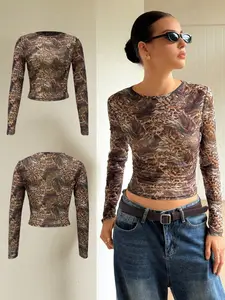 Women's Long Sleeve Geometric Print Top, Slim Fit Elastic Mesh Blouse, Elegant All-Season Streetwear, Transparent Net Fabric