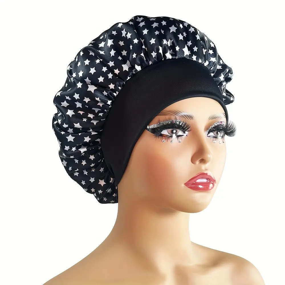 Women's Star Print Bonnet - Wide-Brimmed Hair Cap, Large Shower Cap, Bathroom Accessory