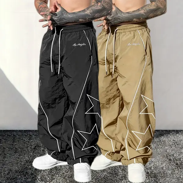 Men’s 2-Pack Loose Sweatpants – Elastic Drawstring Waist, Star Print, Essential for Street Sports and Hip-Hop Style