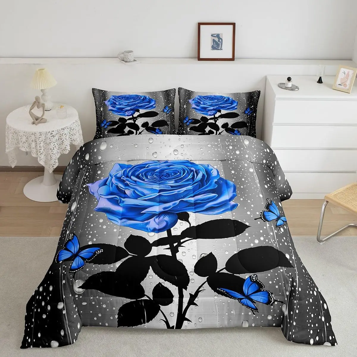 Super Soft Breathable Microfiber Comforter Set - Multi-Size Bedroom Bedding Set with 3D Blue Butterfly Roses, Floral Print Quilt, Blue Water Rose Design for Bedroom Decoration, Decorative Bedding Set