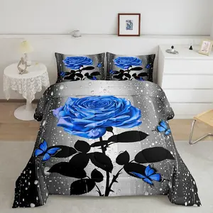 Super Soft Breathable Microfiber Comforter Set - Multi-Size Bedroom Bedding Set with 3D Blue Butterfly Roses, Floral Print Quilt, Blue Water Rose Design for Bedroom Decoration, Decorative Bedding Set