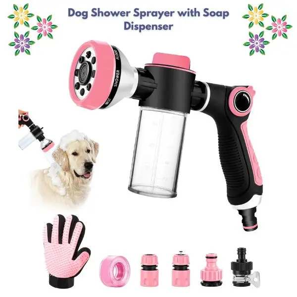 Dog Washing Hose Attachment, Dog Shower Sprayer with Soap Dispenser, 8-in-1 Garden Hose Nozzle, Pet Grooming Glove, Dog Bathing & Grooming Kit for Dogs, Cats & Car Wash