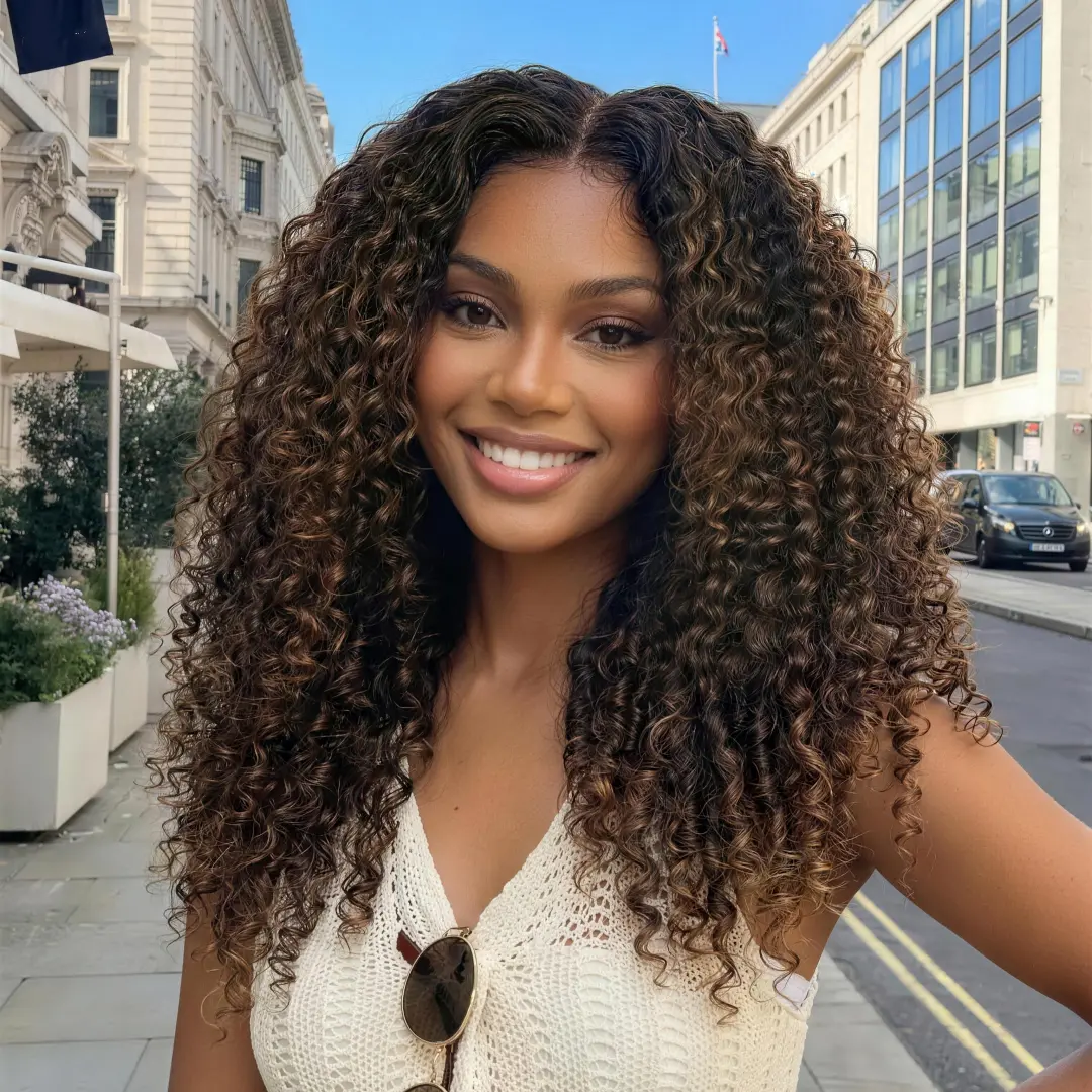 UNice Ombre Chestnut Brown Burmese Curly Wig No Slip Glueless 7x5 HD Lace Closure Human Hair Wigs with Drawsting Beginners Friendly Natural Looking Summer Wig