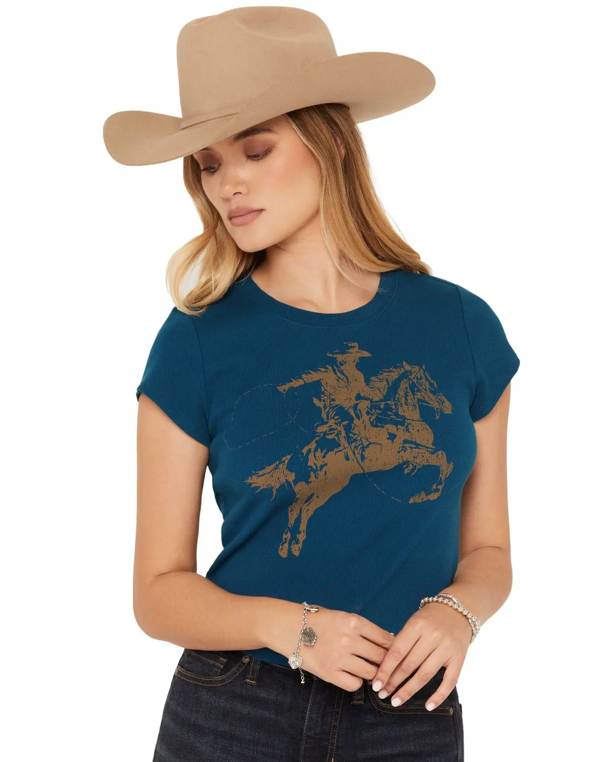 Shyanne Women's Women'S Ropin Cowboy Horse Ribbed  Tee - Swsu26t1-Nvy