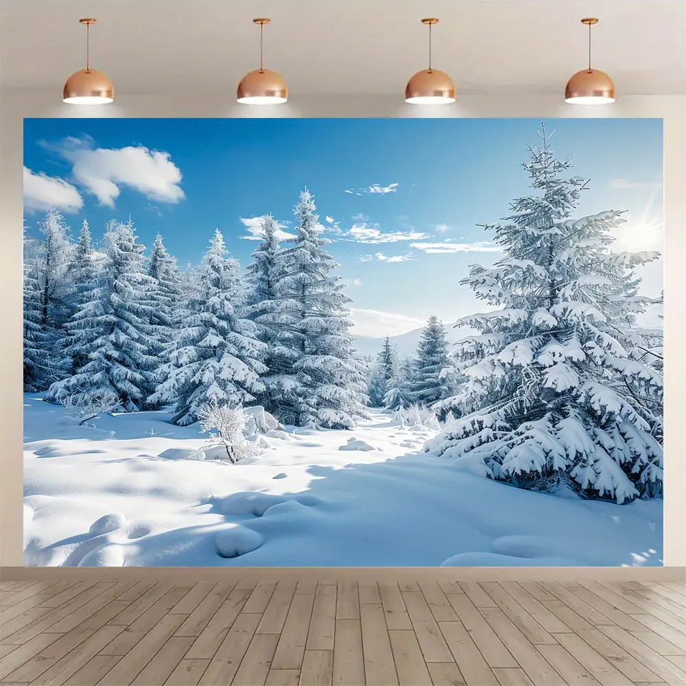 1PC Polyester Winter Tree Backdrop, Extra Large Realistic Blue-White Tones Banner, Easy Hanging via Adhesive Strips, Durable for Holiday & Birthday Decor (Home, Photo Studio Use)