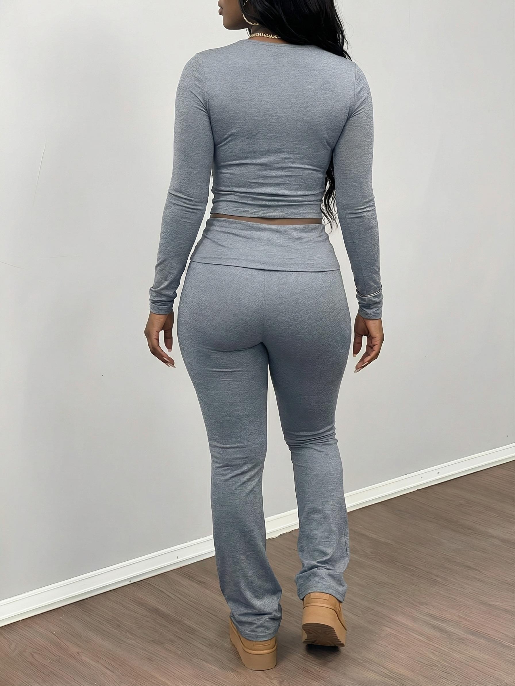 Heather Grey Flare Leggings Set 2 Piece Long Sleeve Crop Top Yoga Outfits for Women