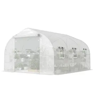 White 10'x11'x6' Walk-in Tunnel Greenhouse with Double-Side Two-Tier Shelves 110lbs Load Per Tier 140GSM Waterproof UV Resistant PE Cover Dual Mesh Roll-Up Doors for Backyard Vegetable Flower Gardening