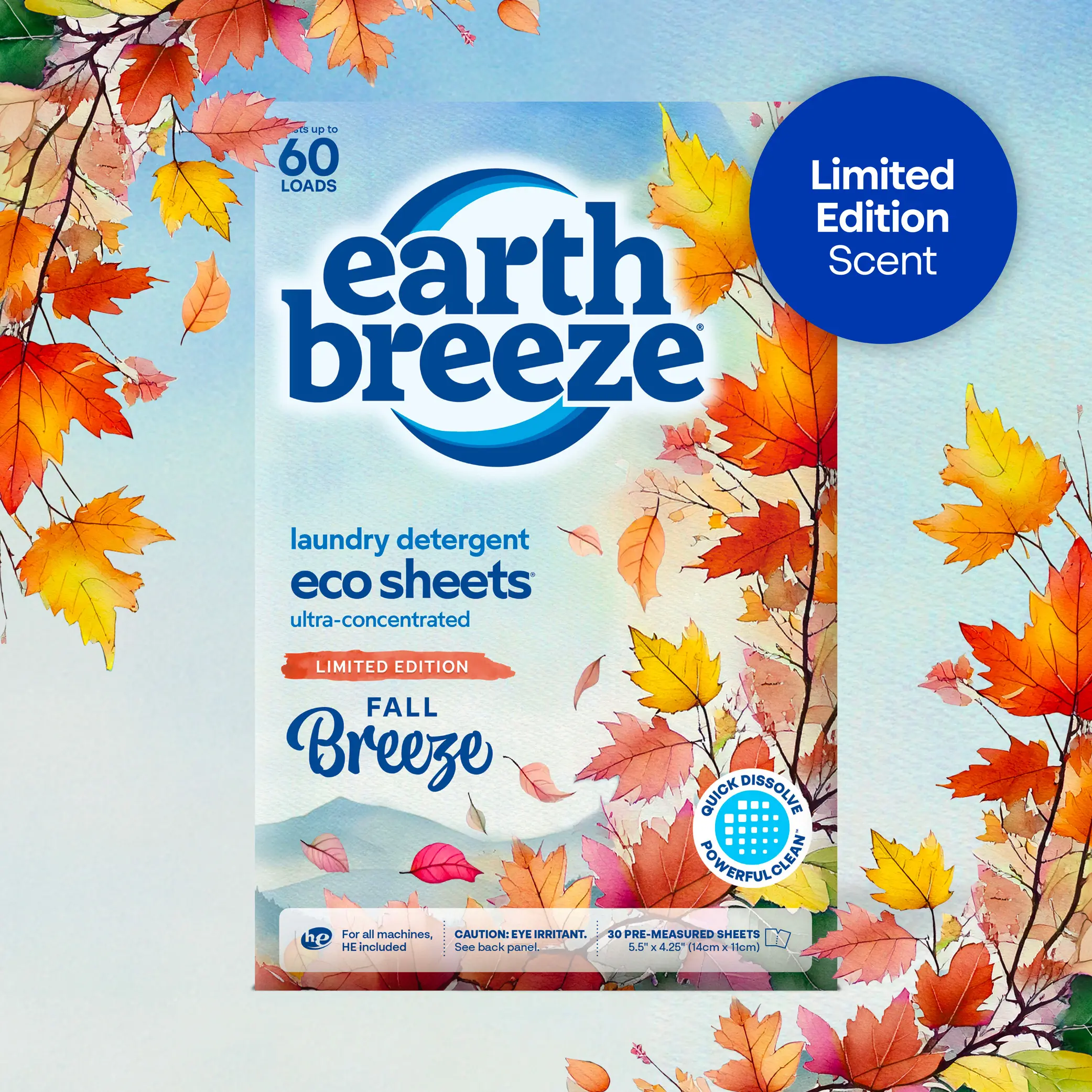 Earth Breeze Laundry Detergent Sheets Fresh Scent 60 Loads | Eco Liquidless Soap - Travel-Friendly for Hot & Cold Cycles, Tackles Tough Stains & Odors - Gentle on Skin