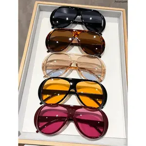 5Pcs Oversized Flat Top Aviator Sunglasses Set, 70s Retro Shield Shades Bundle