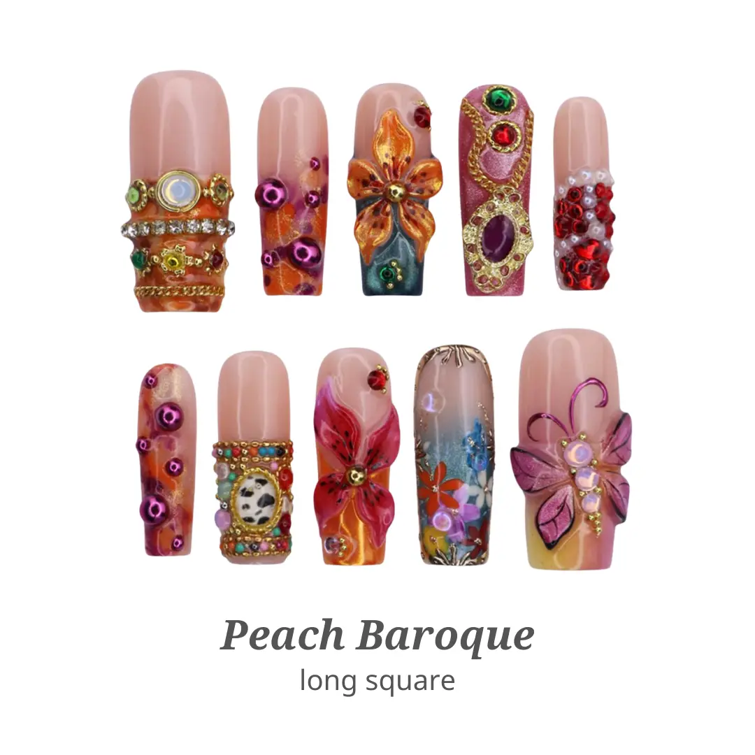Lilynailsart | Maximalist Peach Floral Nails – Gold Chrome 3D Flower Gemstone Rhinestone Nails – Long Square Luxury Nails