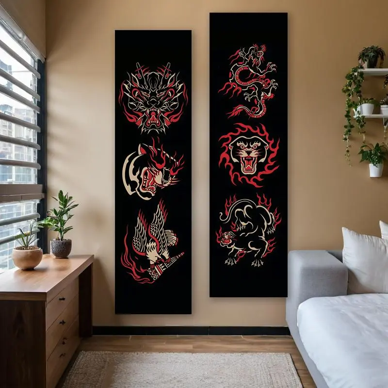 Chinese Mythical Animal Pattern Tapestry, 1 Count Vertical Tapestry with Flame Details, Fiery Loong, Lion, Tiger, and Eagle Designs Long Narrow Banner Tapestry, Tapestry Room Decor, Decor, Decoration, Wall Hanging Tapestry