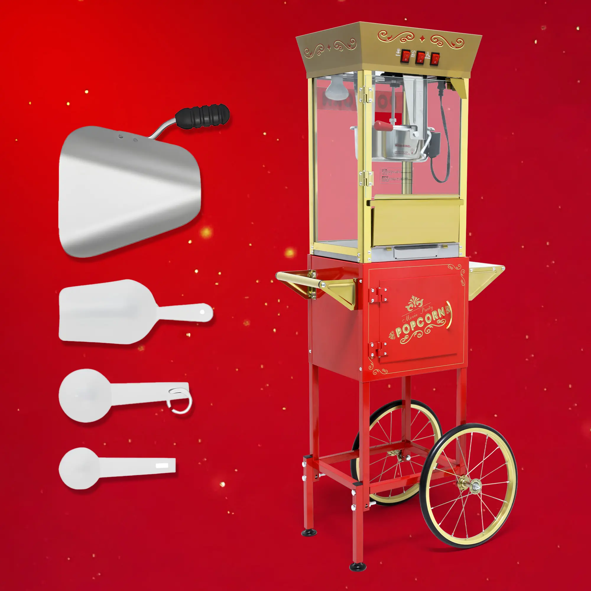 12oz Popcorn Machine Cart,popcorn maker machine, Popcorn Cart with Wheels, Vintage Popcorn Machine with Stainless Steel Kettle, Movie Theater Style Popcorn Machine for Party, Red