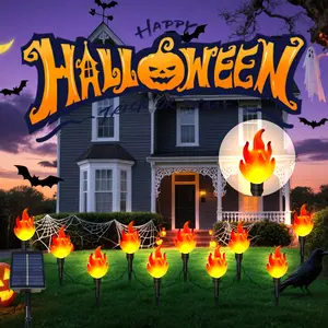 Solar Halloween String Lights, Flame Effect Decorations, Perfect for Outdoor Garden Patio Yard Pathway Wall Decoration