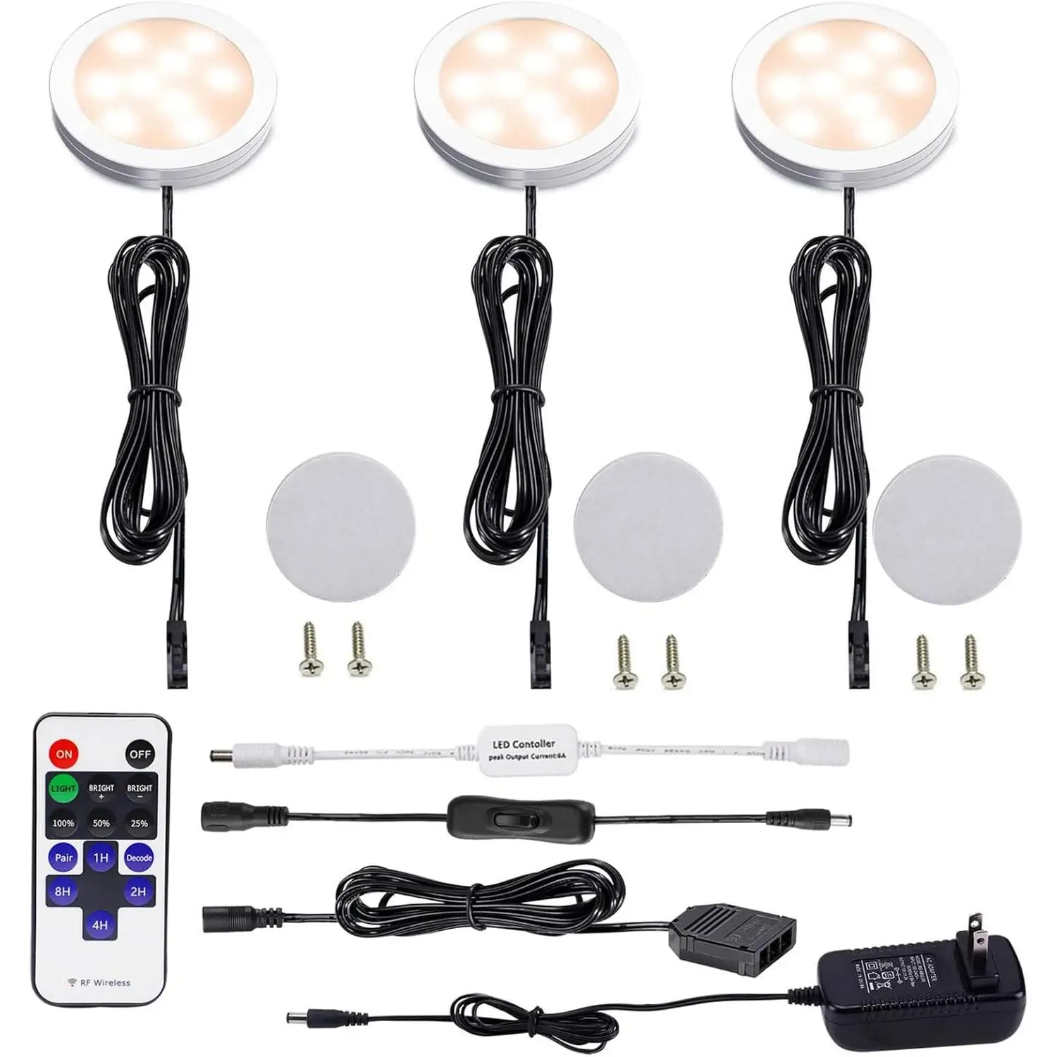 Dimmable LED Under Cabinet Puck Lights 3 Lamps Kit with RF Remote Control for Home Kitchen Counter Lighting (Warm White 2700K)