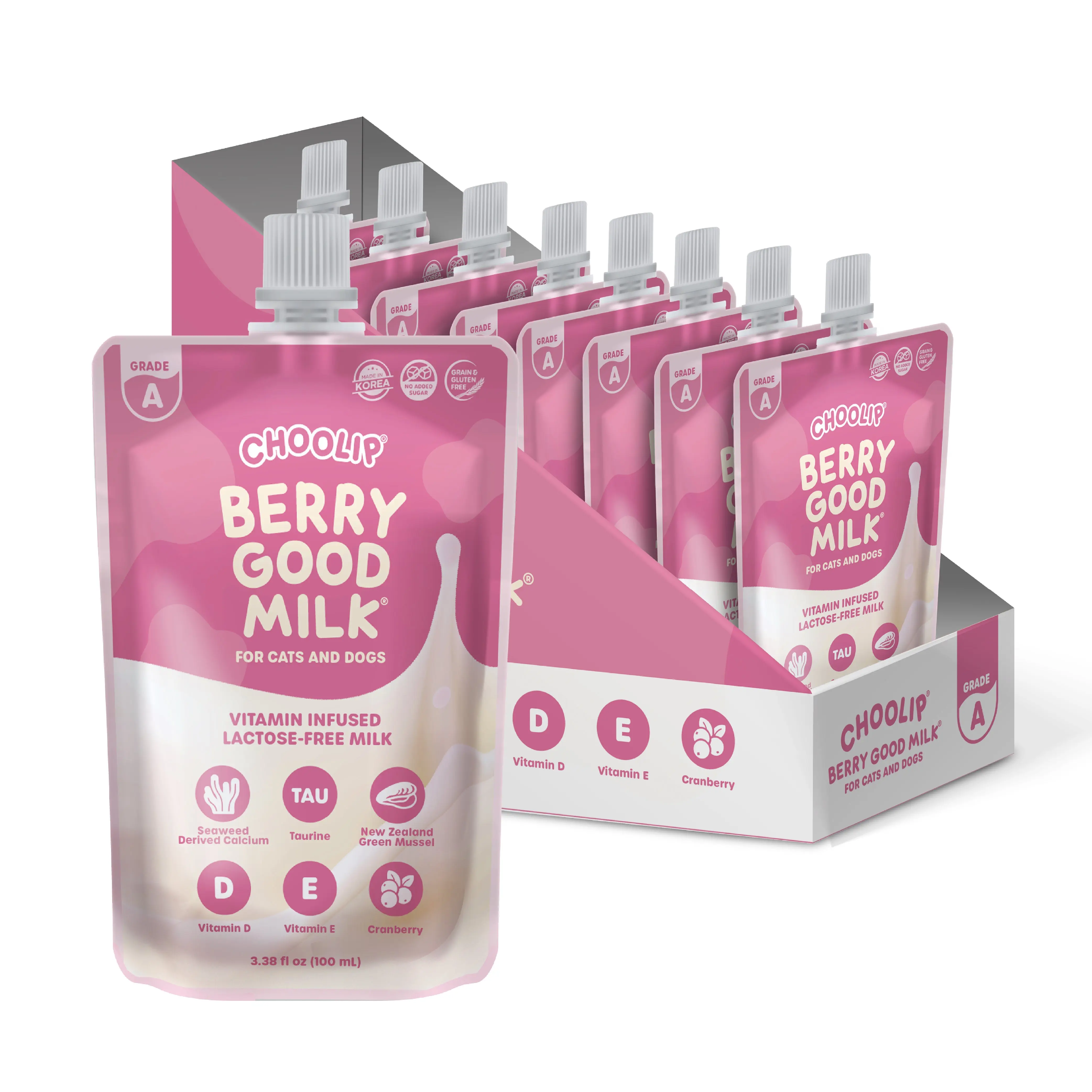 Choolip Berry Good Lactose-Free Pet Hydration Drink (8x100ml/3.38fl oz Pack) - High-Quality Milk Base, Vitamin-Infused, Fish Oil, No Preservatives, Grain-Free, All-Ages Canine Urinary Support