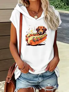 Women's New Funny Dachshund Hot Dog Print Sleeveless Hooded T-Shirt, Summer Breathable Casual Top, Cute & Edgy Style