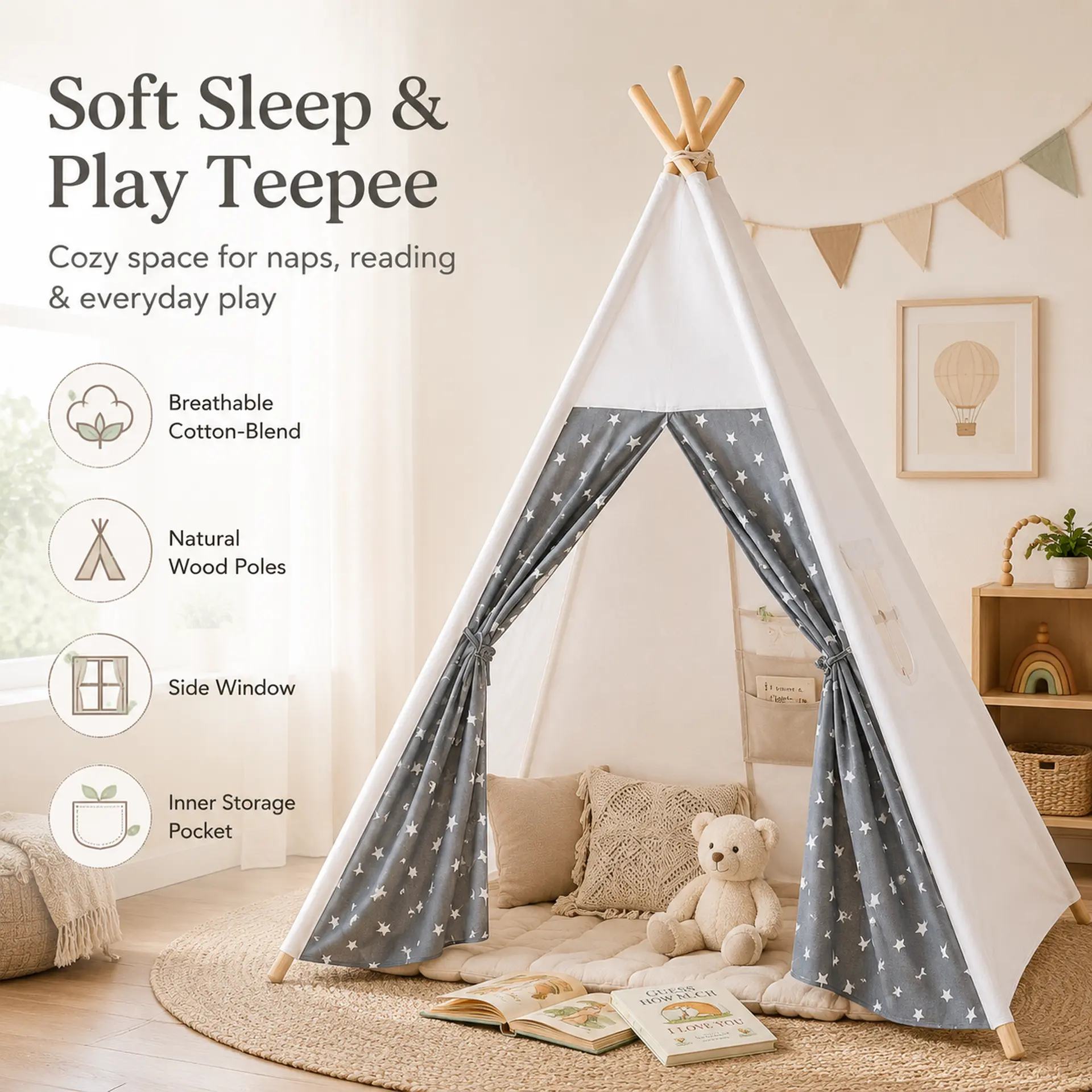 Apojungle Grey Star Print Kids' Teepee Tent - 56” Tall Teepee Frame Playhouses, Tents & Tunnels, Indoor-Outdoor Play Space with Windows, Pocket, Breathable Poly-Cotton, Sturdy Pine Wood Frame, Toddler Cozy Reading Nook (Lights Without Star Decorations)