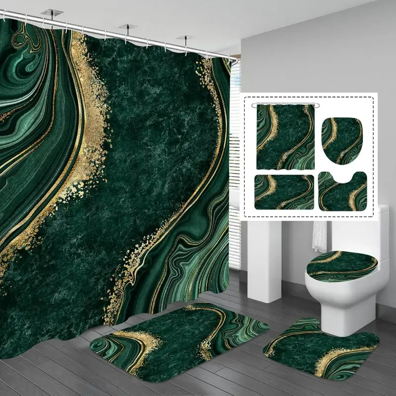 4 Pcs Luxury Marble Shower Curtain Set with Non-Slip Rugs, Toilet Lid Cover and Bath Mat, Gold Foil Emerald Green Bathroom Decor Set with Shower Curtain and Rugs and Accessories, Bathroom Shower Curtain Sets