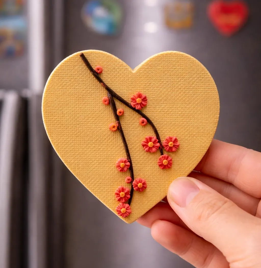 Golden Heart Cherry Blossom Handmade Fridge Magnet
