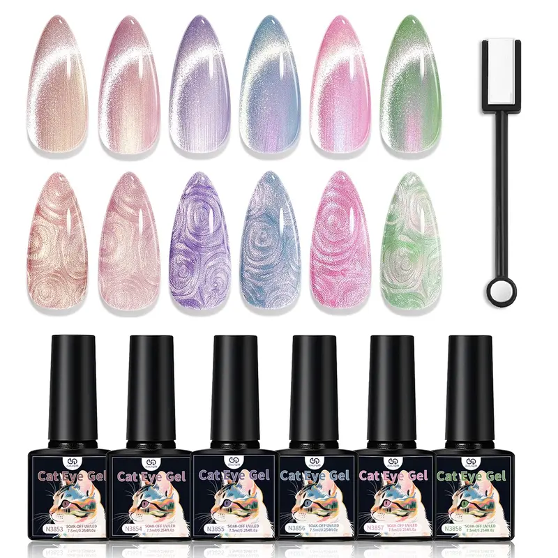 7 Piece Cat Eye Nail Art Set, Gel Nail Kit With Everything, Includes 6 Bottles 7.5ML Glitter Smooth Soak Off UV Nail Gel Polish & Magnetic Tool, Perfect Christmas Gift for Nail Enthusiasts