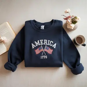 Embroidered America Flags Crewneck Sweatshirt, Patriotic USA Shirt