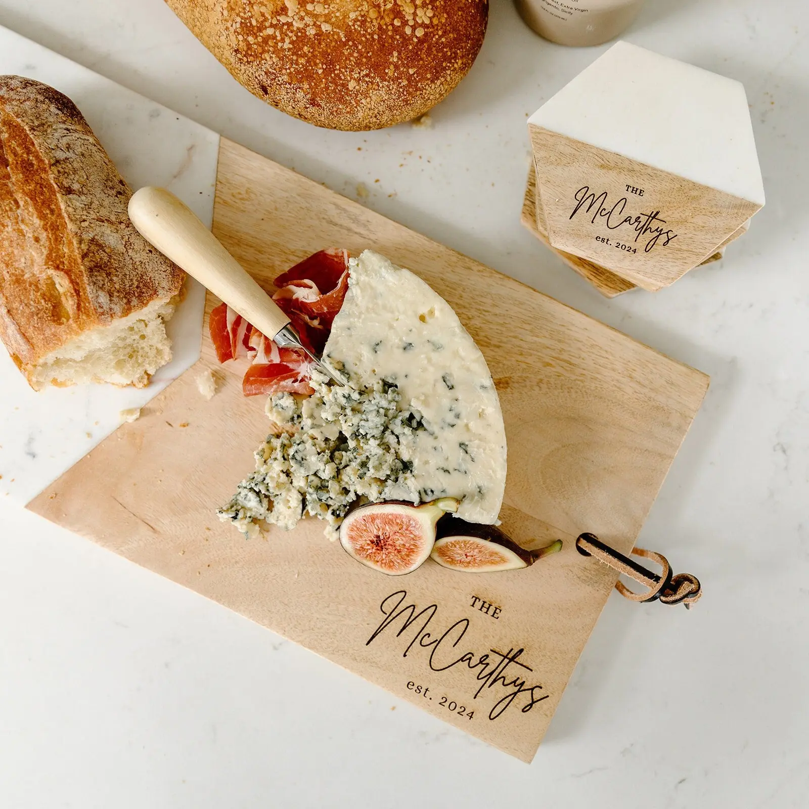 Charcuterie Board Set - Personalized Marble and Wood Cheese Board, Spreader and 4 Coasters