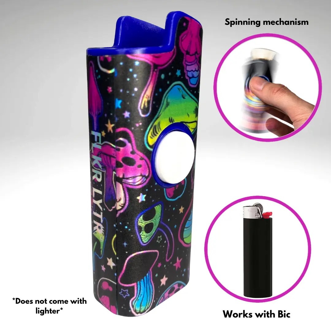 FLKR LYTR Patented Single Trippy Mushroom Fidget Spinning Lighter Case - BIC-Compatible, Standard Fit, Durable High-Quality Polypropylene Cover for Lighter Accessories Protection