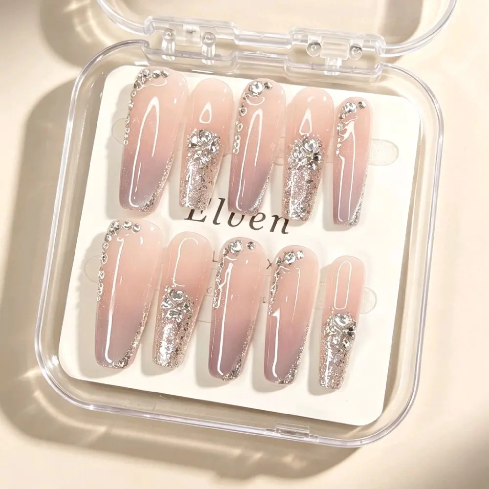 Handmade Nude Pink Ombre Press On Nails - Silver Glitter French Tip with Rhinestone & Metal Rose Decor, Long Coffin Reusable Fake Nails, Salon Quality