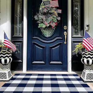Cotton Buffalo Plaid Rug 27.5"x43" Navy Blue and White Hand Woven Checked Rug Washable Doormats Indoor Outdoor Rugs for Layered Front Door Mats, Porch, Kitchen, Farmhouse, Entryway checkered