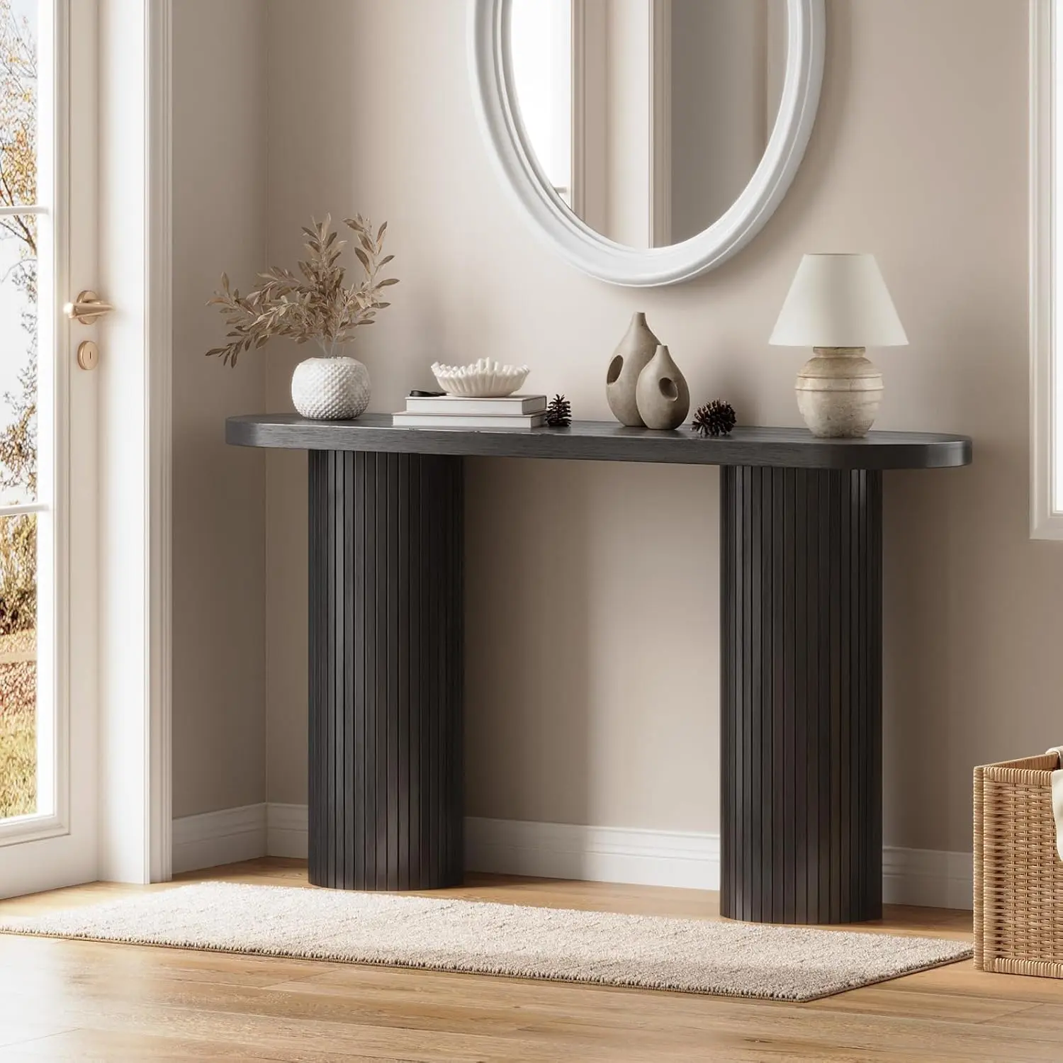 【SummerFinds】ONBRILL 55/57-Inch Fluted Entryway Table, Tambour Waterfall Design Console Table Behind Couch, Modern Wood Accent Sofa Table for Entrance, Hallway, Living Room