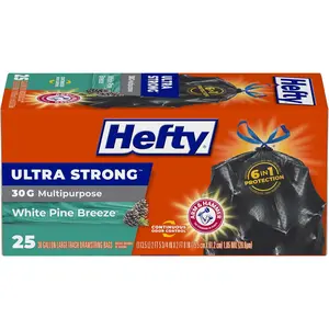 Hefty Ultra Strong 30 Gallon Trash Bags, Large Trash Bags 30 Gallon Size, Multipurpose, Break Resistant Drawstring Closure, Resists Leaks, Punctures, and Tears, Black, White Pine Breeze Scent, 25 Bags