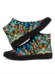Women's Fashionable Butterfly Print Lace Up Front Canvas Sneakers, Casual Comfortable Soft Bottom Skateboard Shoes, Female All-match Round Toe Shoes for Daily Wear