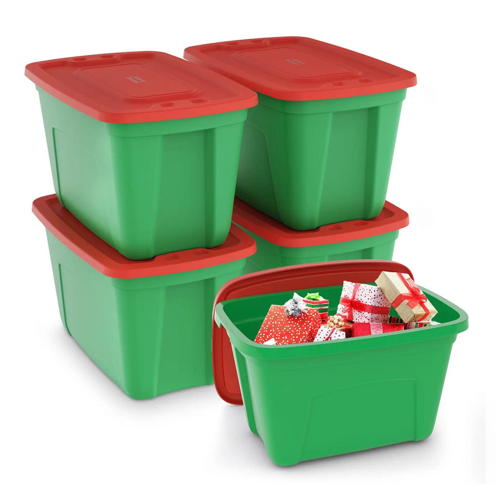 SIMPLYKLEEN 4-Pack Christmas Storage Totes with Lids - Made in USA, 18-Gal (72-Qt) Plastic Stackable Holiday Organizer Boxes for Home, Garage - Red/Green