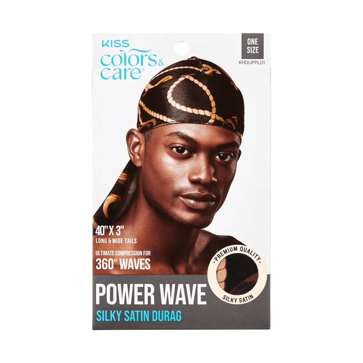 Kiss Colors & Care Power Wave Silky Satin Pattern Durag - Black & Gold | Silk Durag, Wave Cap, One Size, Hair Accessories