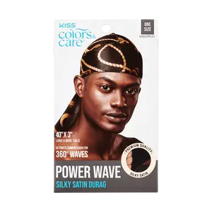 Kiss Colors & Care Power Wave Silky Satin Pattern Durag - Black & Gold | Silk Durag, Wave Cap, One Size, Hair Accessories
